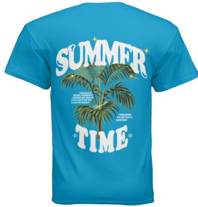 SUMMERTIME tee shirt inspired by the Ireland Boys viral music video by the same name; SUMMERTIME. Features the SUMMERTIME logo on a tropical Blue high quality T-shirt