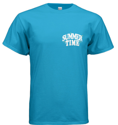 SUMMERTIME tee shirt inspired by the Ireland Boys viral music video by the same name; SUMMERTIME. Features the SUMMERTIME logo on a tropical Blue high quality T-shirt
