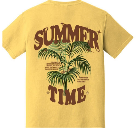 SUMMERTIME tee shirt inspired by the Ireland Boys  viral music video by the same name; SUMMERTIME. Features the SUMMERTIME logo on a Butter Yellow high quality T-shirt