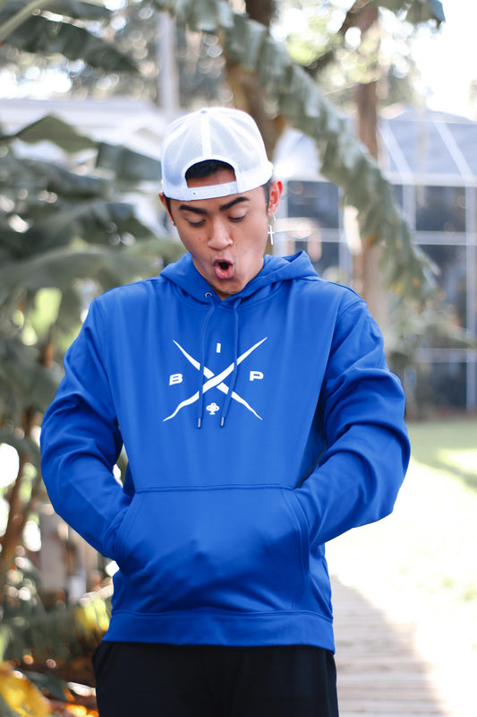 X logo 2.0 - printed on a Royal Blue Premium Dry Fit hoodie by Ireland Boys productions viral youtube channel featuring Ricky Ireland